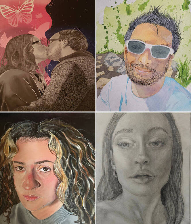 Collage of four student self-portraits from Senior Art Show 2024