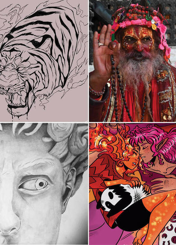 Collage featuring four pieces of artwork from the 2025 Senior Art Show